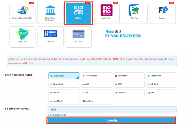 Dùng QR Pay để nạp tiền vào Fun88