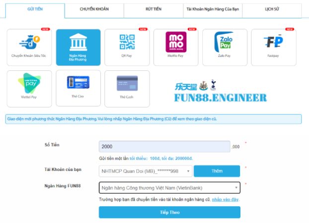 Hướng dẫn cách nạp tiền Fun88 qua ngân hàng địa phương