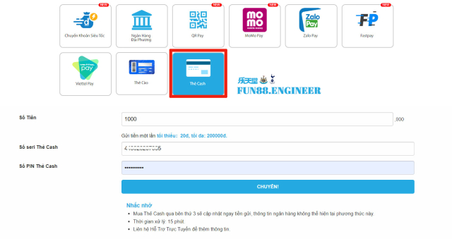 Sử dụng thẻ Cash để gửi tiền Fun88
