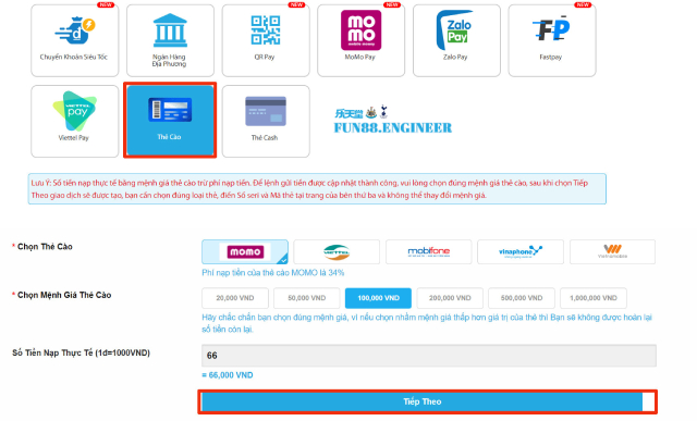 Thẻ cào nạp tiền vào Fun88
