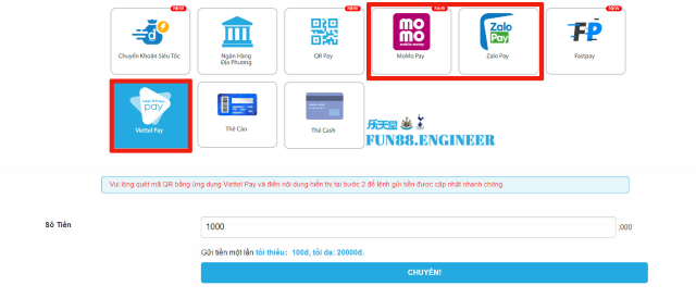 Ví điện tử nạp tiền Fun88 vô cùng tiện lợi
